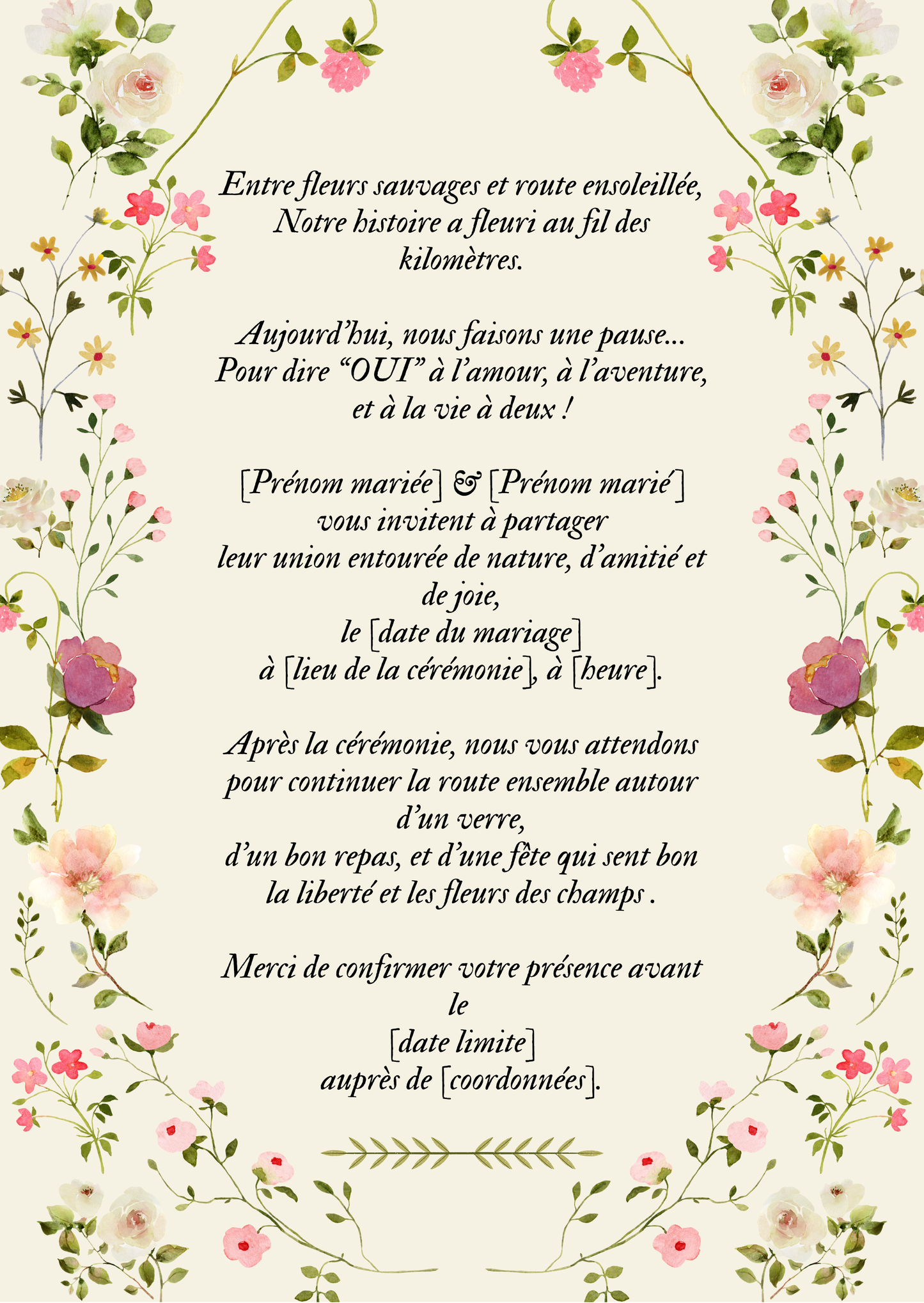 Faire-part de Mariage – Modèle " Just Married & Fleurs Sauvages "