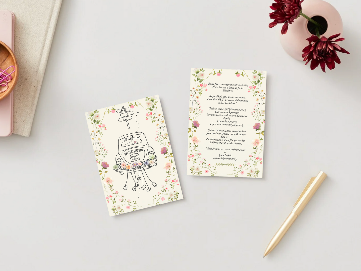 Faire-part de Mariage – Modèle " Just Married & Fleurs Sauvages "
