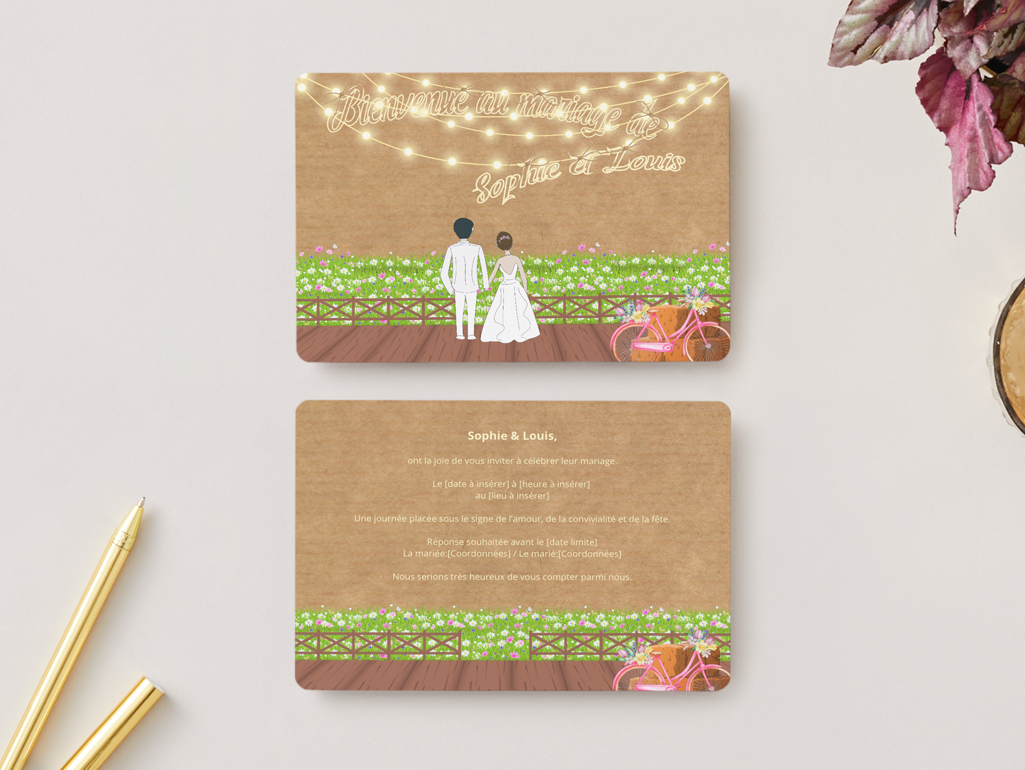 Faire-part de Mariage – Modèle " Guinguette & Kraft fleuri "