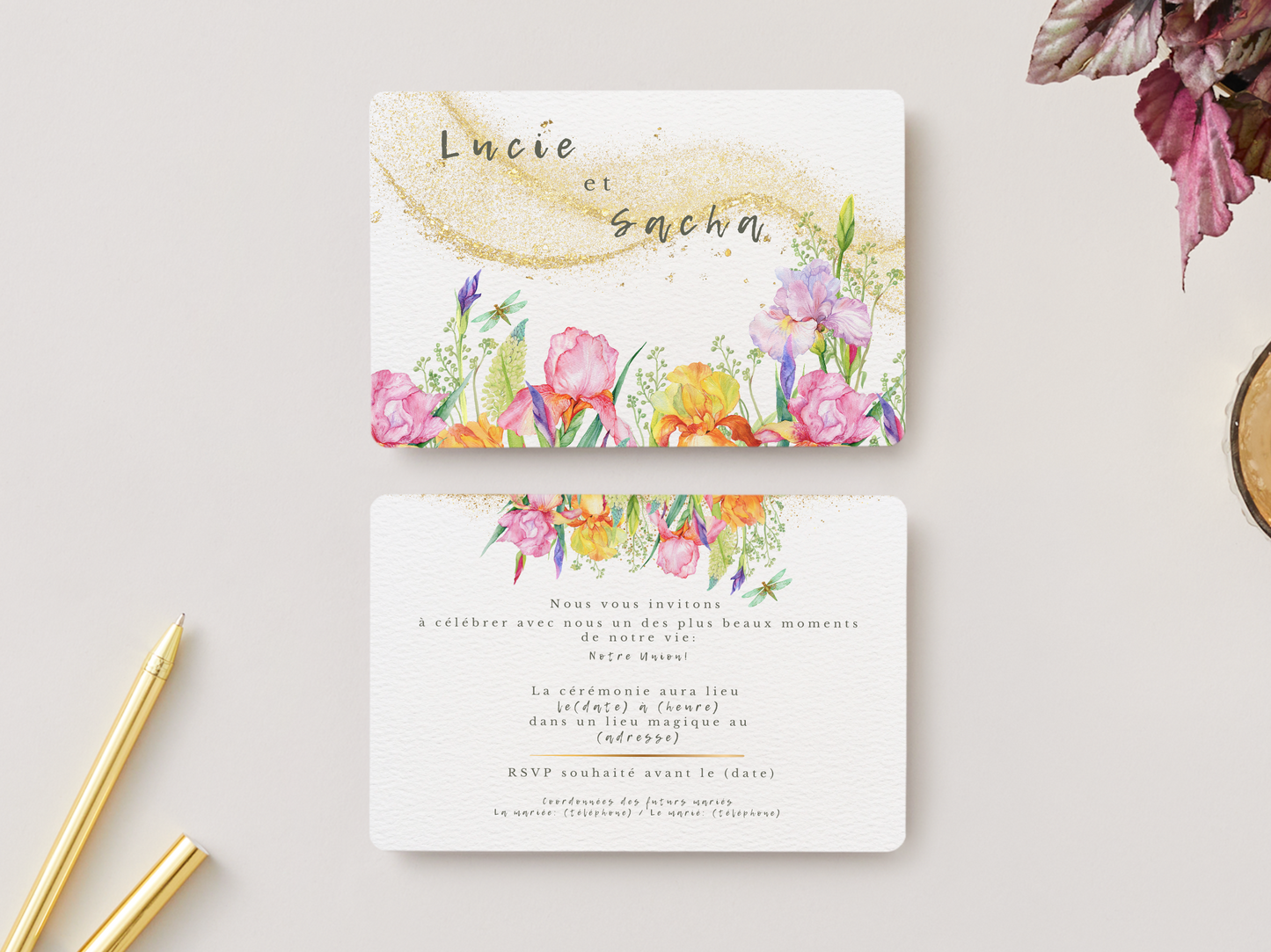 Faire-part de Mariage – Modèle "Or et Fleurs Aquarelles"