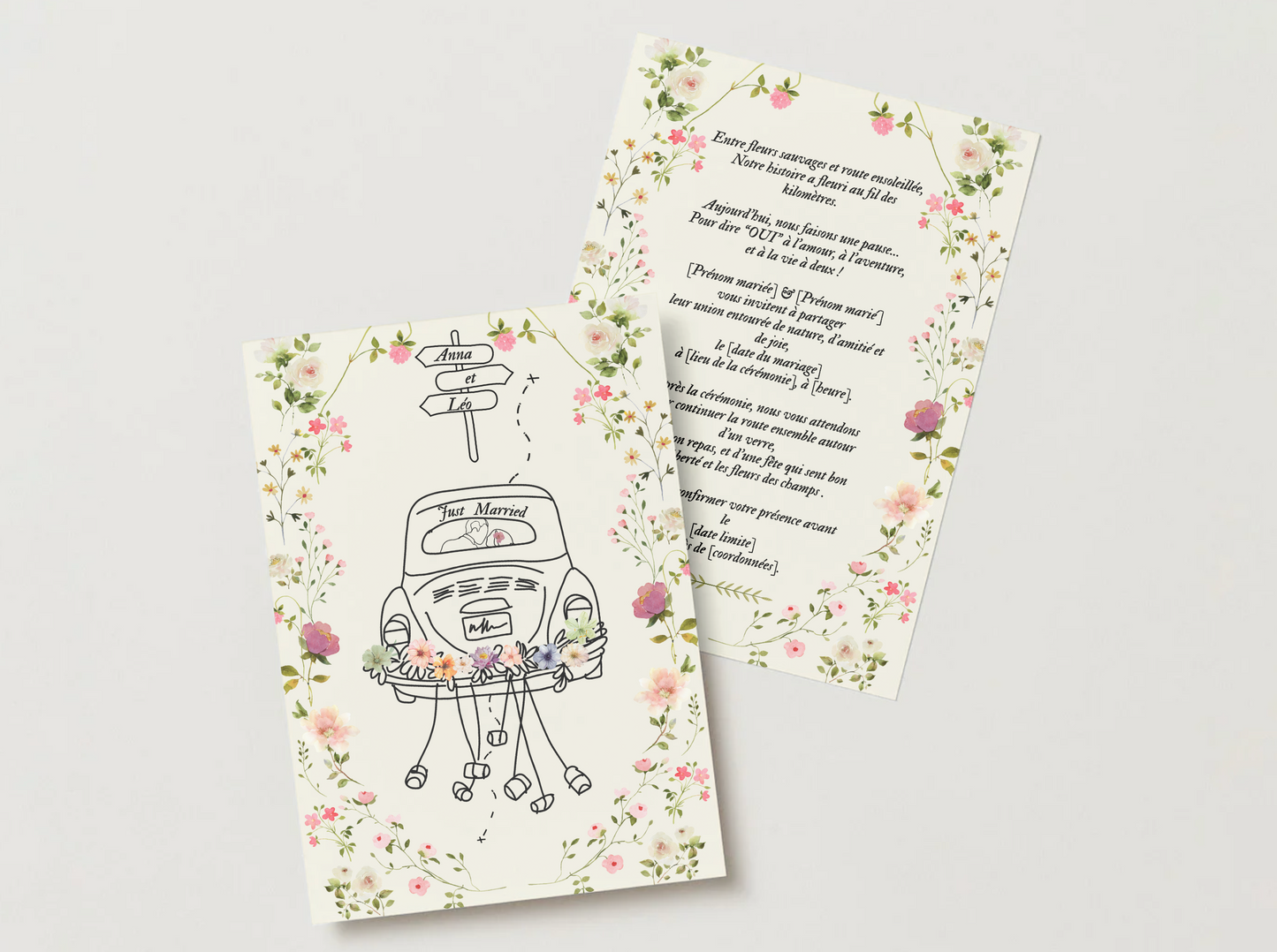 Faire-part de Mariage – Modèle " Just Married & Fleurs Sauvages "