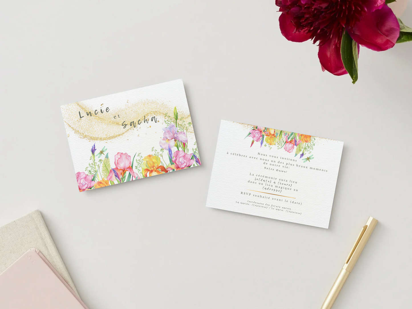 Faire-part de Mariage – Modèle "Or et Fleurs Aquarelles"