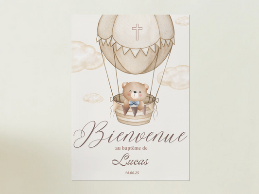 Panneau de Bienvenue Baptême – Modèle "Nounours & Montgolfière Beige"